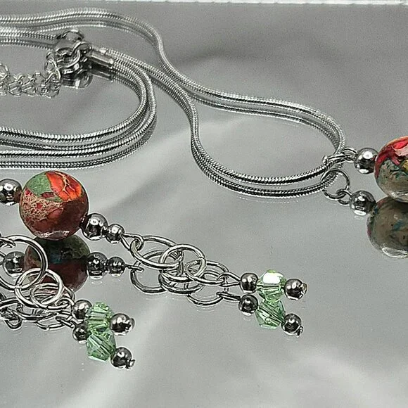 Stainless Steel Imperial Jasper and Crstal Necklace and Earimgs Set - Picture 7 of 9